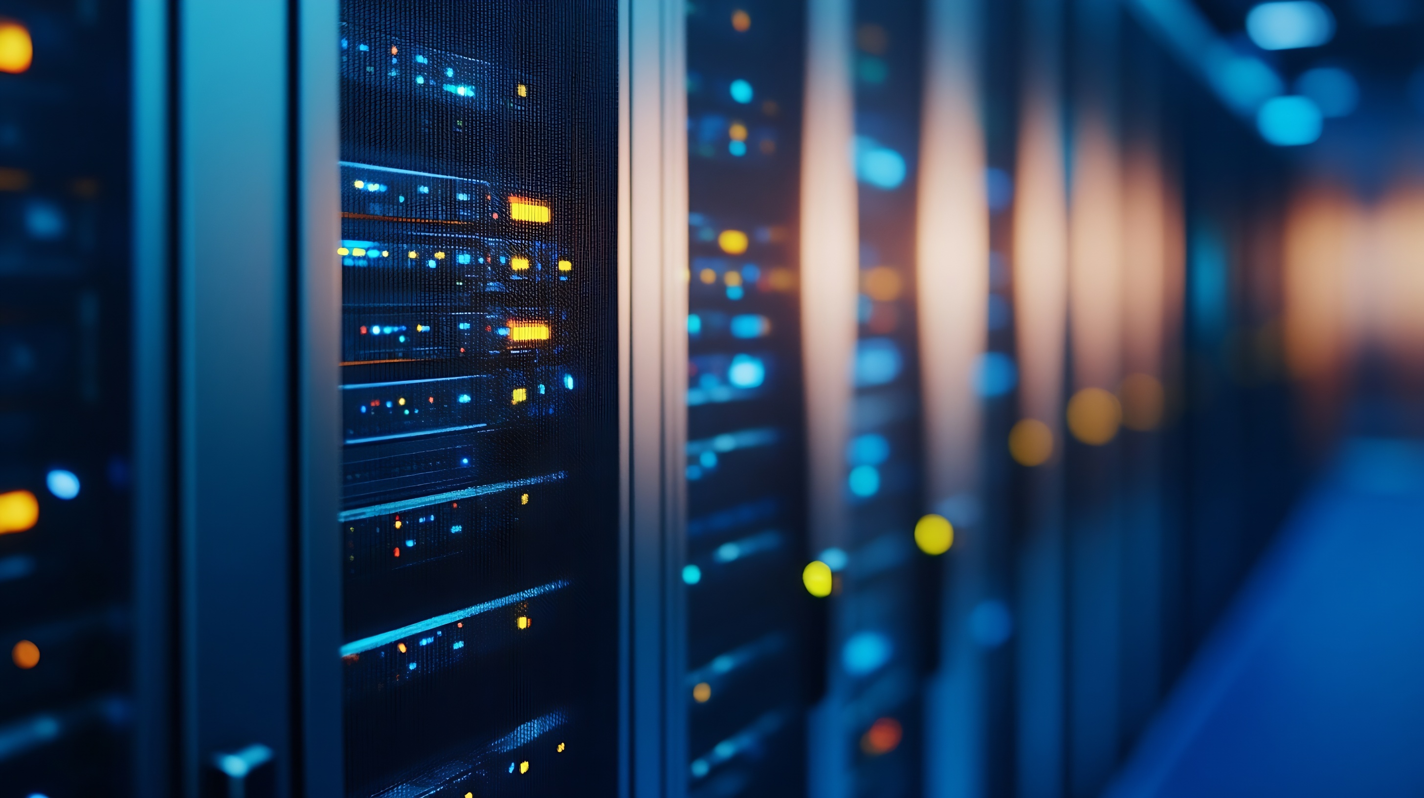 High tech server room with advanced networking equipment and colorful lights : Generative AI