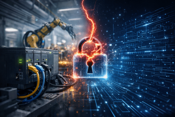 Ein digitales Schloss zwischen OT- und digitaler Welt wird durch einen Blitz aufgebrochen.