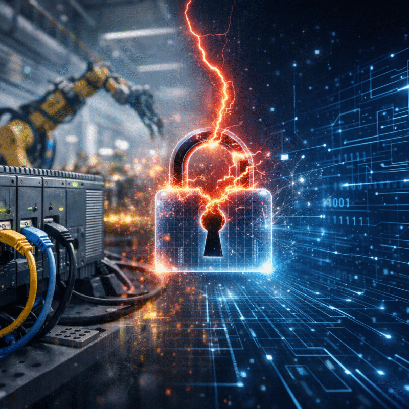 Ein digitales Schloss zwischen OT- und digitaler Welt wird durch einen Blitz aufgebrochen.