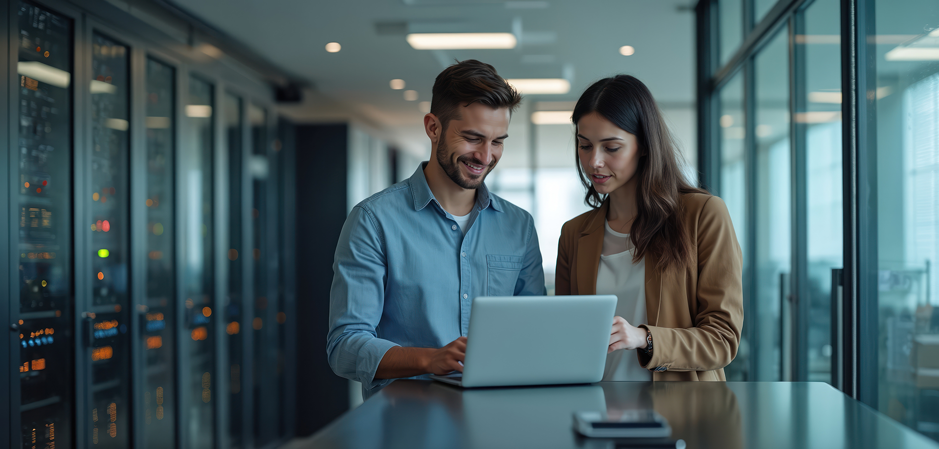 Eine Frau und ein Mann stehen in einem Serverraum an einem Notebook