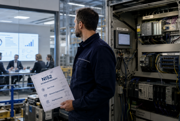 Ein Shopfloor Mitarbeiter steht in seiner Arbeitsumgebung. hinter ihm sitzen Menschen in einem Besprechungsraum,