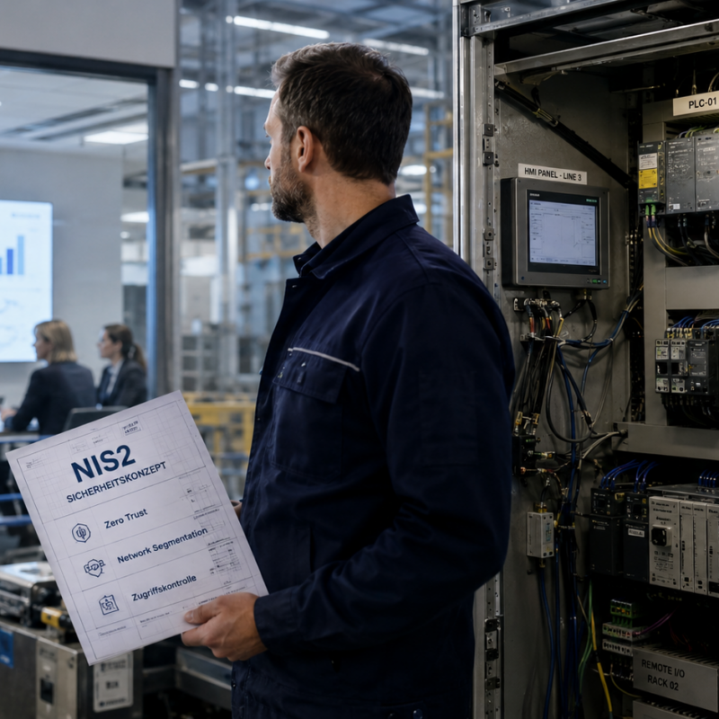 Ein Shopfloor Mitarbeiter steht in seiner Arbeitsumgebung. hinter ihm sitzen Menschen in einem Besprechungsraum,
